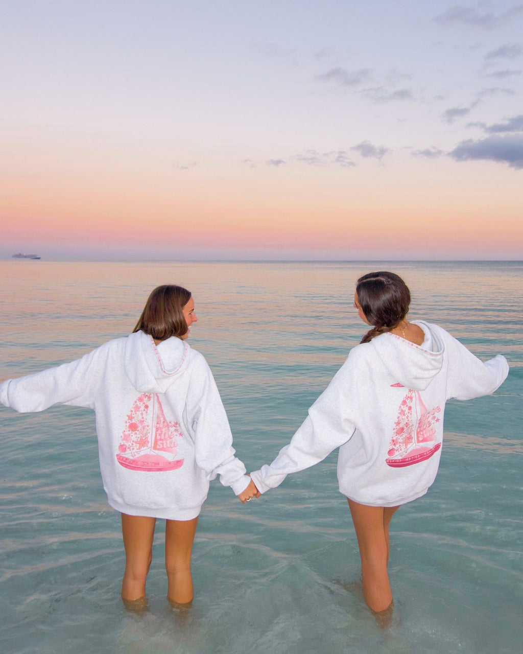 "Chase the Sun" Relaxed Hoodie, relaxed fit with an adjustable drawstring hood and pocket, in Heather Cloud - coastal preppy aesthetic beach style by Pink Palm Puff