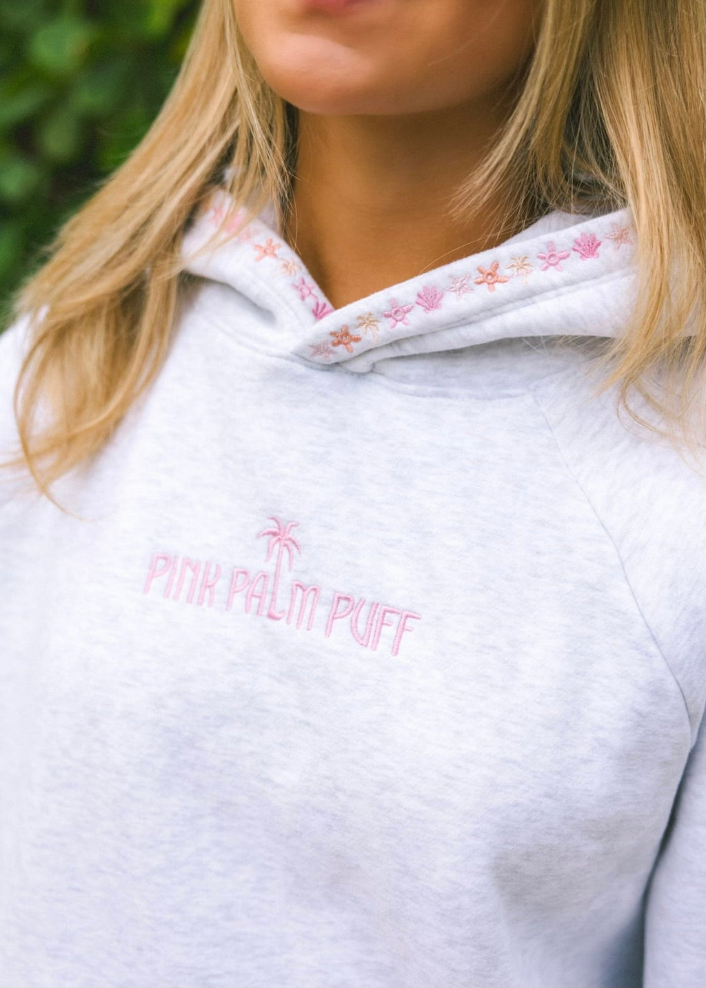 "Chase the Sun" Relaxed Hoodie, relaxed fit with an adjustable drawstring hood and pocket, in Heather Cloud - coastal preppy aesthetic beach style by Pink Palm Puff