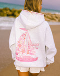 "Chase the Sun" Relaxed Hoodie, relaxed fit with an adjustable drawstring hood and pocket, in Heather Cloud - coastal preppy aesthetic beach style by Pink Palm Puff