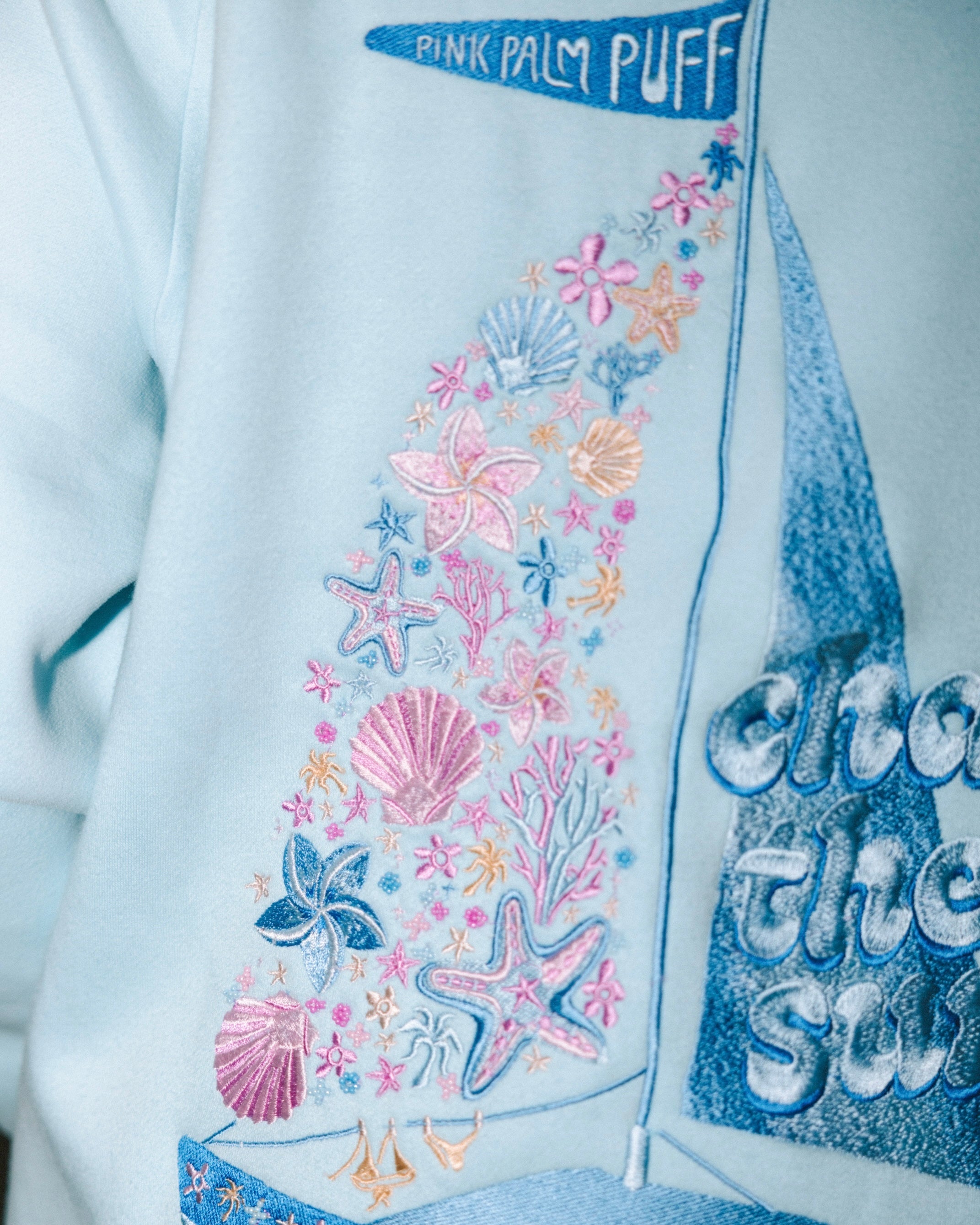 "Chase the Sun" Relaxed Hoodie, relaxed fit with an adjustable drawstring hood and pocket, in Sky Blue - coastal preppy aesthetic beach style by Pink Palm Puff