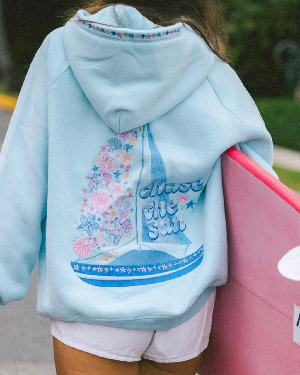 "Chase the Sun" Relaxed Hoodie, relaxed fit with an adjustable drawstring hood and pocket, in Sky Blue - coastal preppy aesthetic beach style by Pink Palm Puff