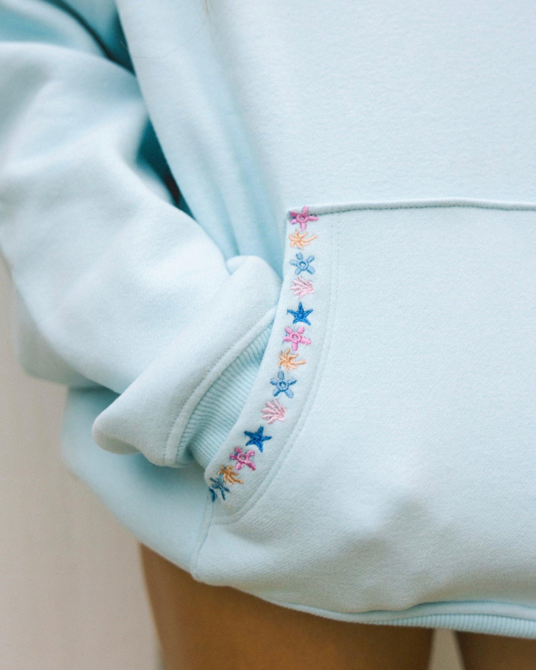"Chase the Sun" Relaxed Hoodie, relaxed fit with an adjustable drawstring hood and pocket, in Sky Blue - coastal preppy aesthetic beach style by Pink Palm Puff