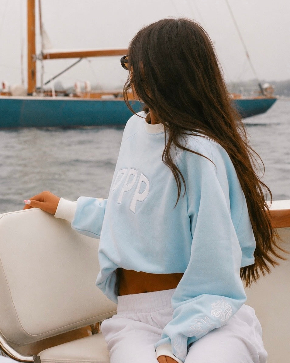 Classic Crew, ribbed crew neckline and relaxed fit, in Blue Breeze - coastal preppy aesthetic beach style by Pink Palm Puff