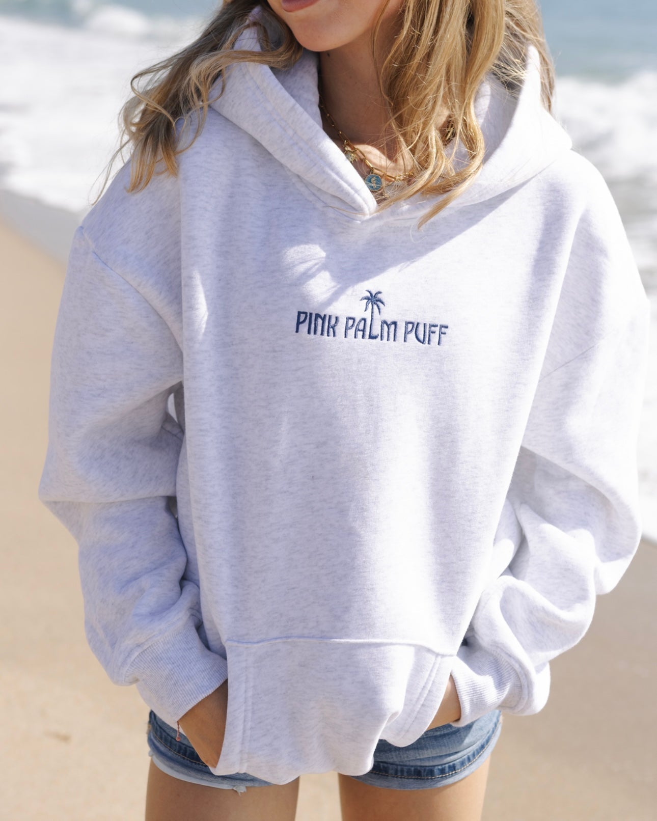 Classic Puff Hoodie, adjustable drawstring hood and pocket, in Cloud - coastal preppy aesthetic beach style by Pink Palm Puff