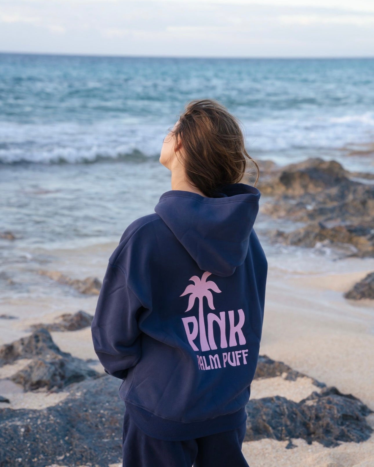 Classic Puff Hoodie, adjustable drawstring hood and pocket, in Navy - coastal preppy aesthetic beach style by Pink Palm Puff