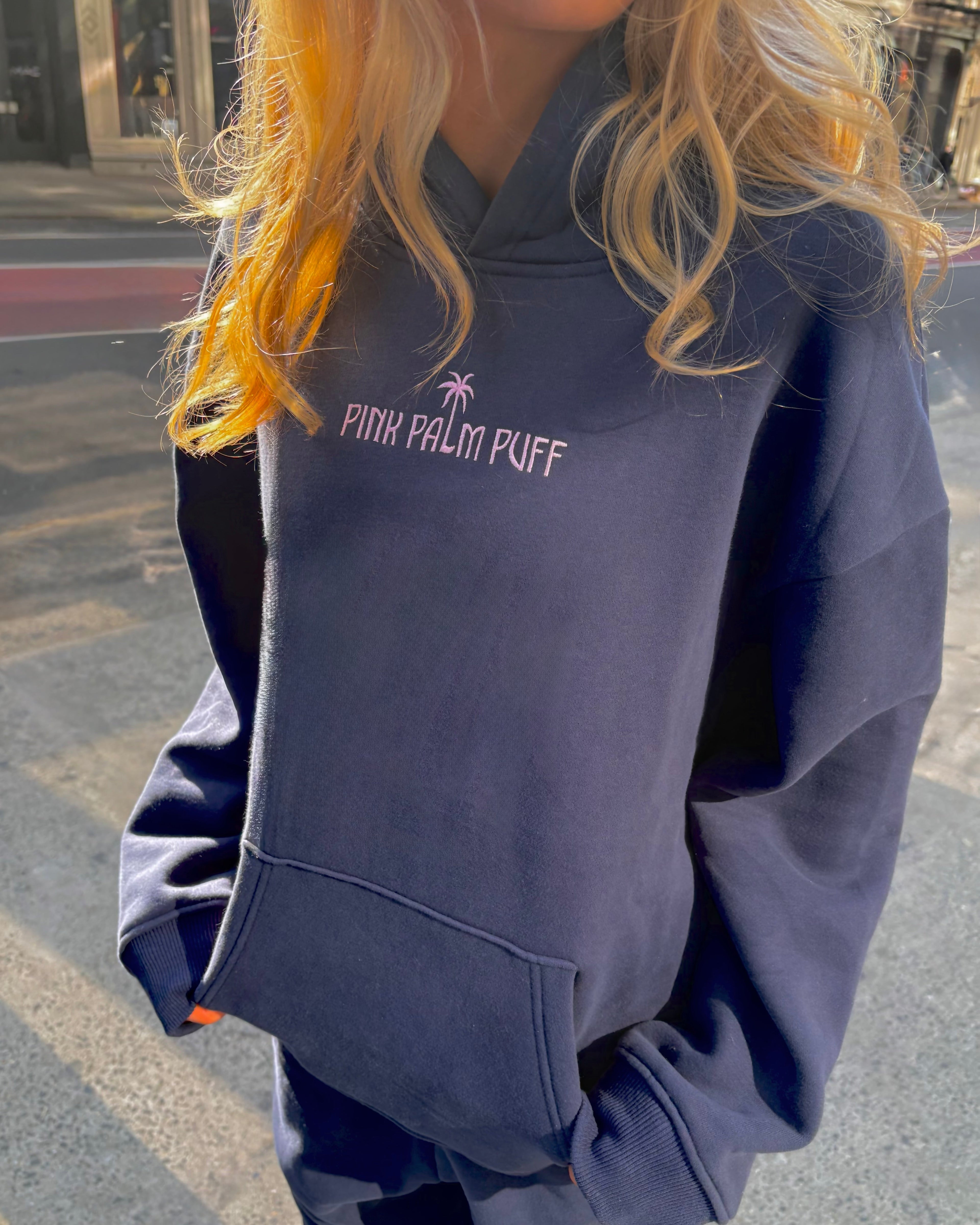 Classic Puff Hoodie, adjustable drawstring hood and pocket, in Navy - coastal preppy aesthetic beach style by Pink Palm Puff