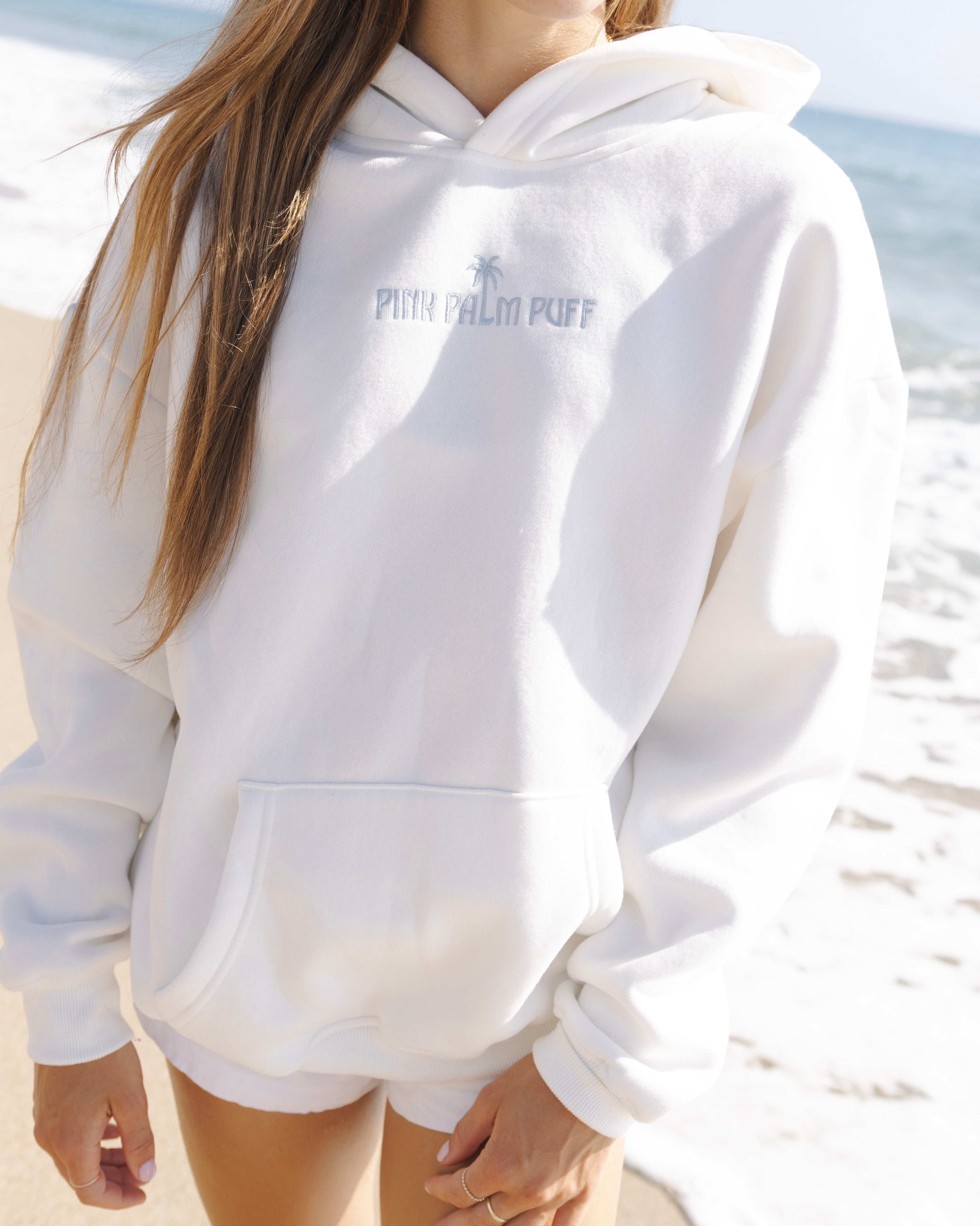 Classic Puff Hoodie, adjustable drawstring hood and pocket, in Ocean Air - coastal preppy aesthetic beach style by Pink Palm Puff