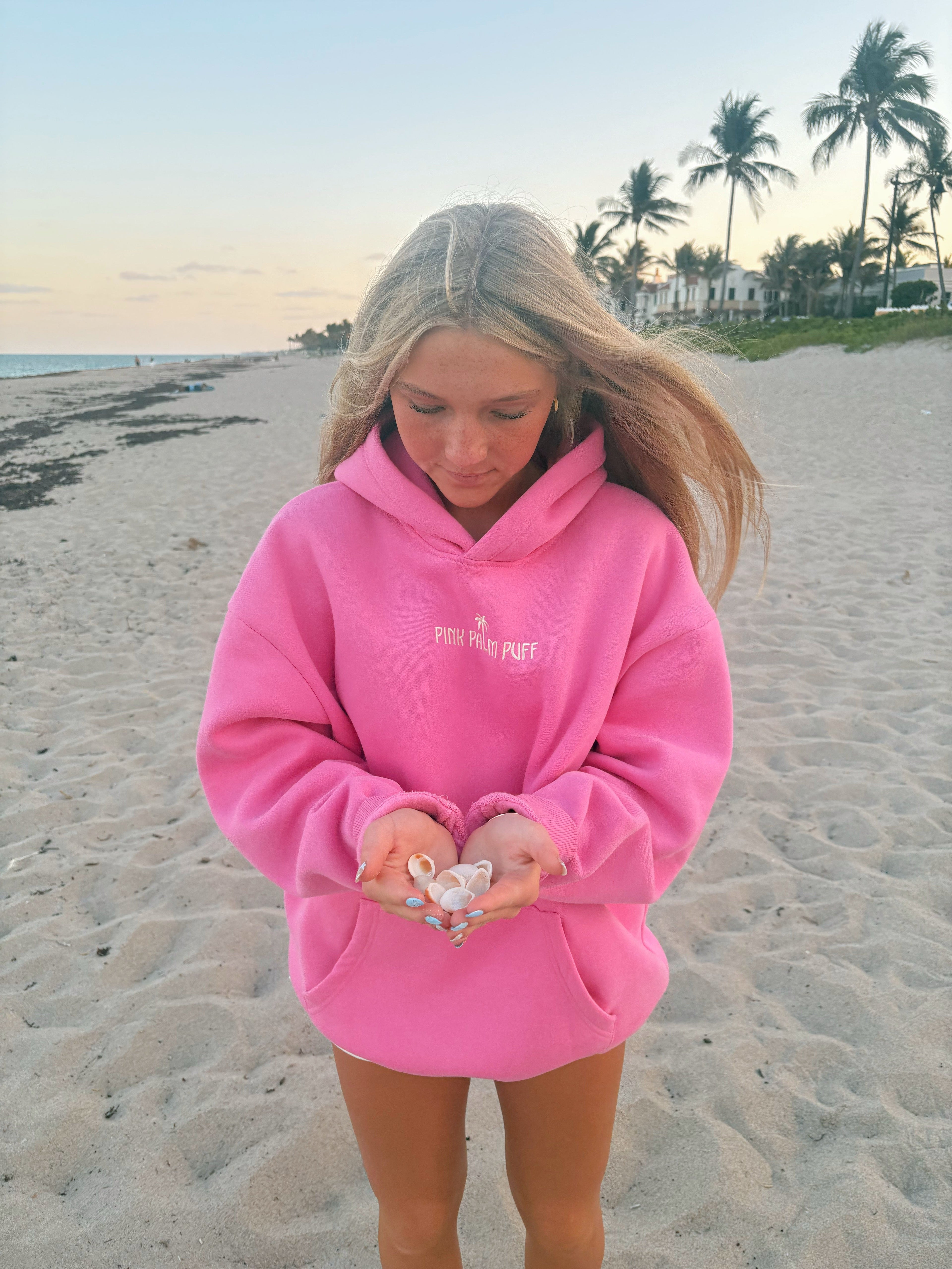 Classic Puff Hoodie, adjustable drawstring hood and pocket, in Raspberry - coastal preppy aesthetic beach style by Pink Palm Puff