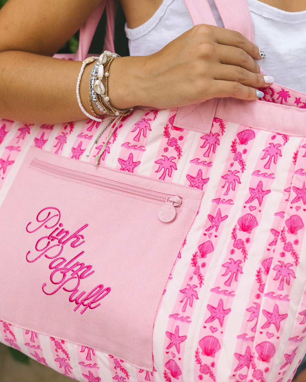 Couture Carryall, spacious reversible design, in Blush Bay (Reversible) - coastal preppy aesthetic beach style by Pink Palm Puff