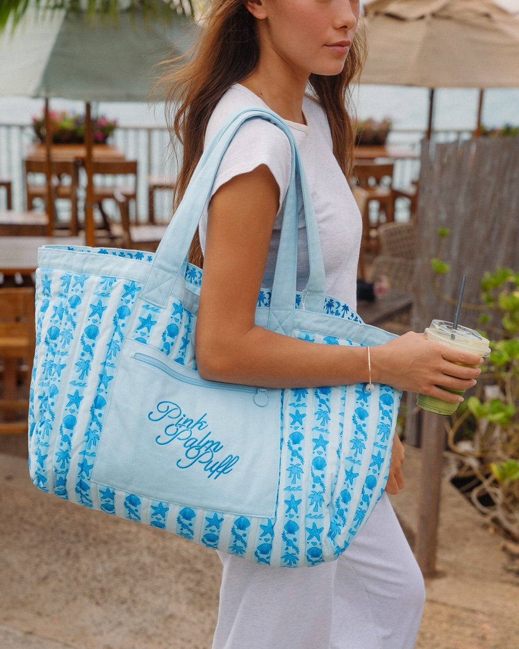 Couture Carryall, spacious reversible design, in Seabreeze (Reversible) - coastal preppy aesthetic beach style by Pink Palm Puff
