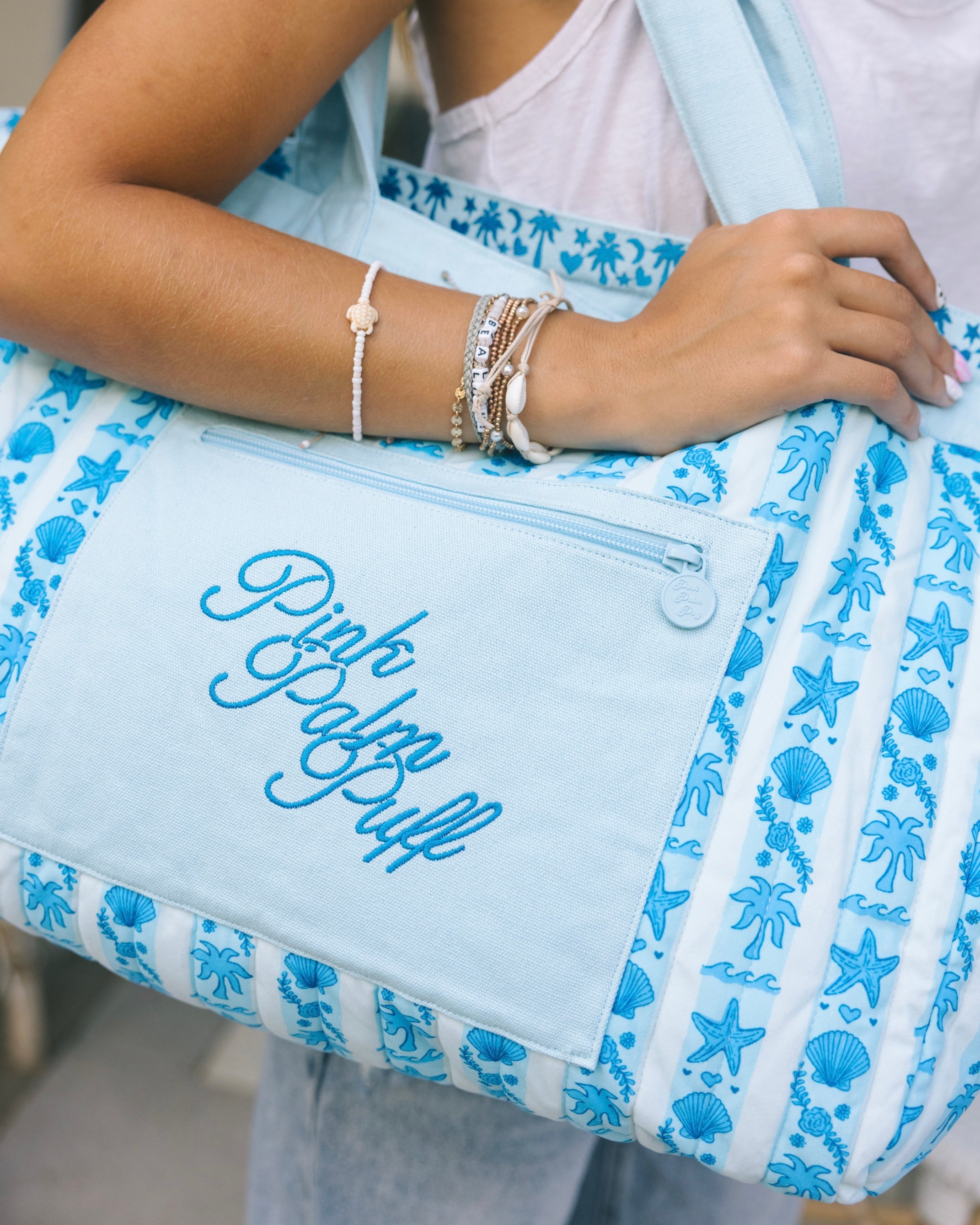 Couture Carryall, spacious reversible design, in Seabreeze (Reversible) - coastal preppy aesthetic beach style by Pink Palm Puff