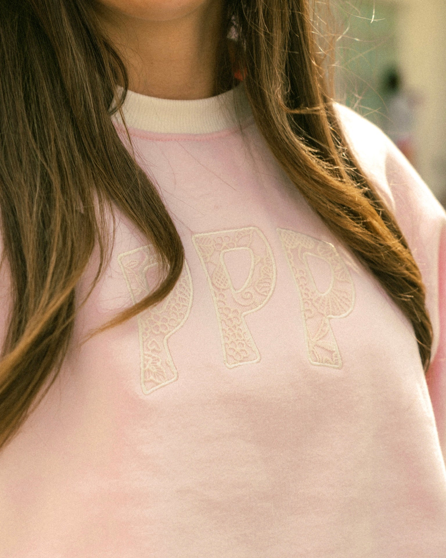 "Daydream" Classic Crew, ribbed crew neckline and relaxed fit, in Angel Pink - coastal preppy aesthetic beach style by Pink Palm Puff