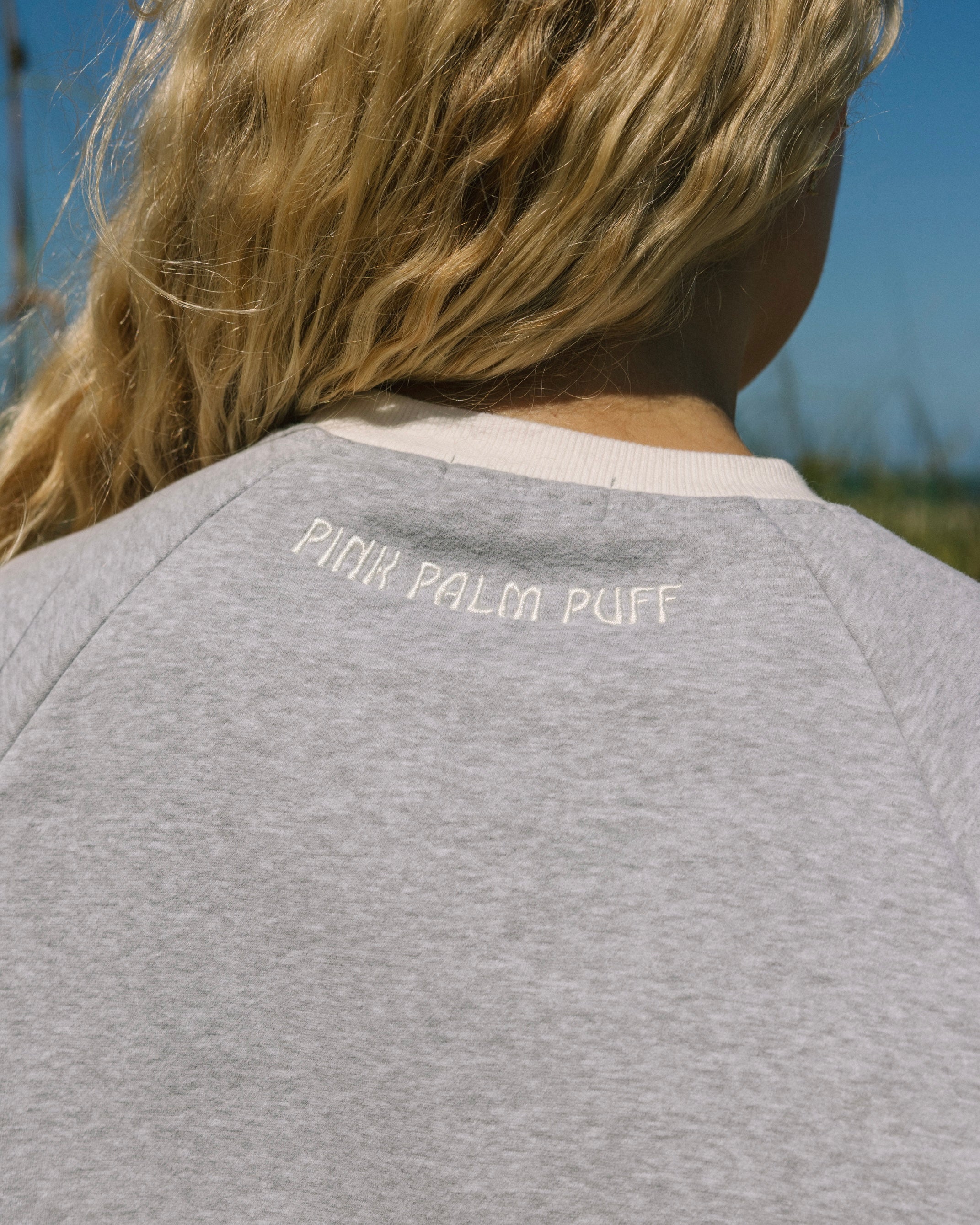 "Daydream" Classic Crew, ribbed crew neckline and relaxed fit, in Sky Grey - coastal preppy aesthetic beach style by Pink Palm Puff