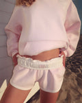 "Daydream" Foldover Short, foldover waistband with relaxed fit, in Angel Pink - coastal preppy aesthetic beach style by Pink Palm Puff