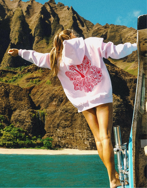 "Hawaii Hibiscus" Hoodie, adjustable drawstring hood and pocket, in Blush - coastal preppy aesthetic beach style by Pink Palm Puff