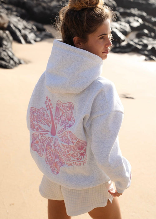 "Hawaii Hibiscus" Hoodie, adjustable drawstring hood and pocket, in Heather Cloud - coastal preppy aesthetic beach style by Pink Palm Puff