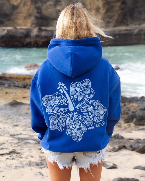 "Hawaii Hibiscus" Hoodie, adjustable drawstring hood and pocket, in Oceanic - coastal preppy aesthetic beach style by Pink Palm Puff