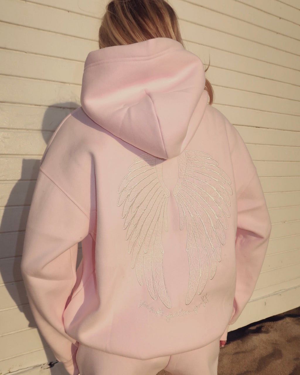 "Lacy" Hoodie, adjustable drawstring hood and pocket, in Angel Pink - coastal preppy aesthetic beach style by Pink Palm Puff
