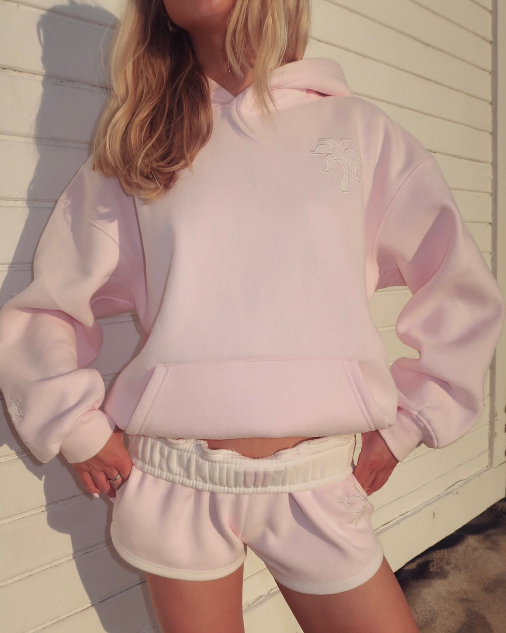 "Lacy" Hoodie, adjustable drawstring hood and pocket, in Angel Pink - coastal preppy aesthetic beach style by Pink Palm Puff