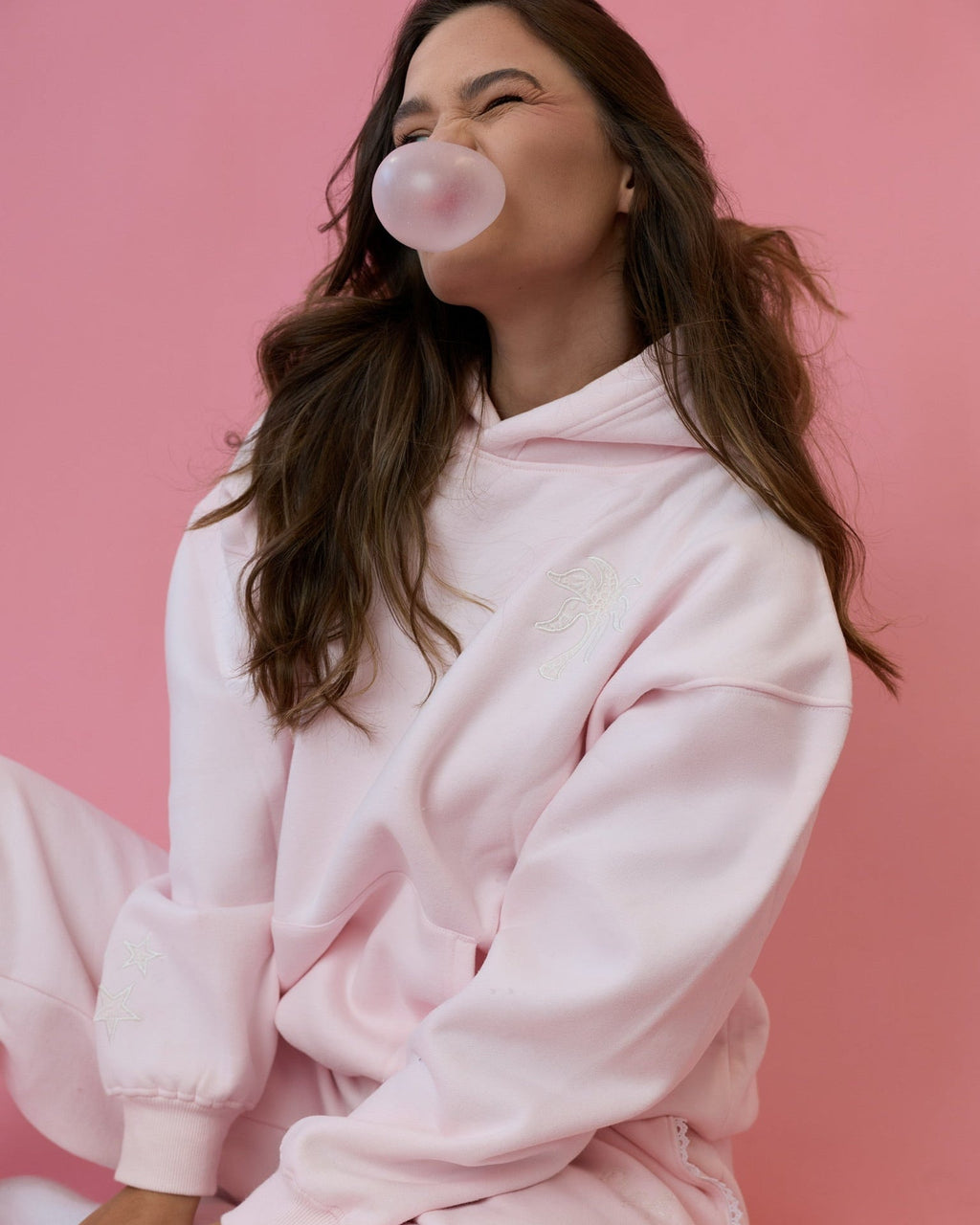 "Lacy" Hoodie, adjustable drawstring hood and pocket, in Angel Pink - coastal preppy aesthetic beach style by Pink Palm Puff