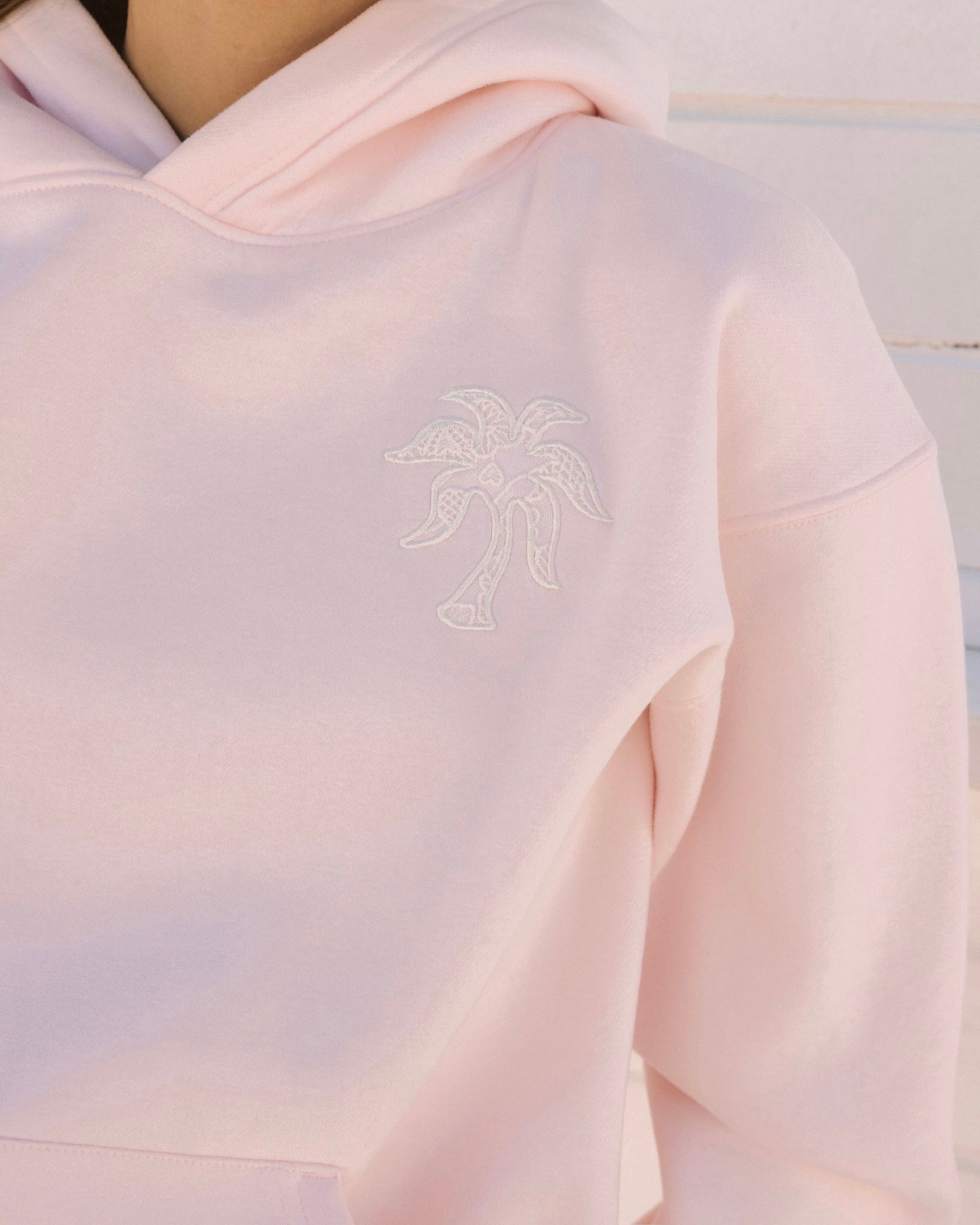 "Lacy" Hoodie, adjustable drawstring hood and pocket, in Angel Pink - coastal preppy aesthetic beach style by Pink Palm Puff
