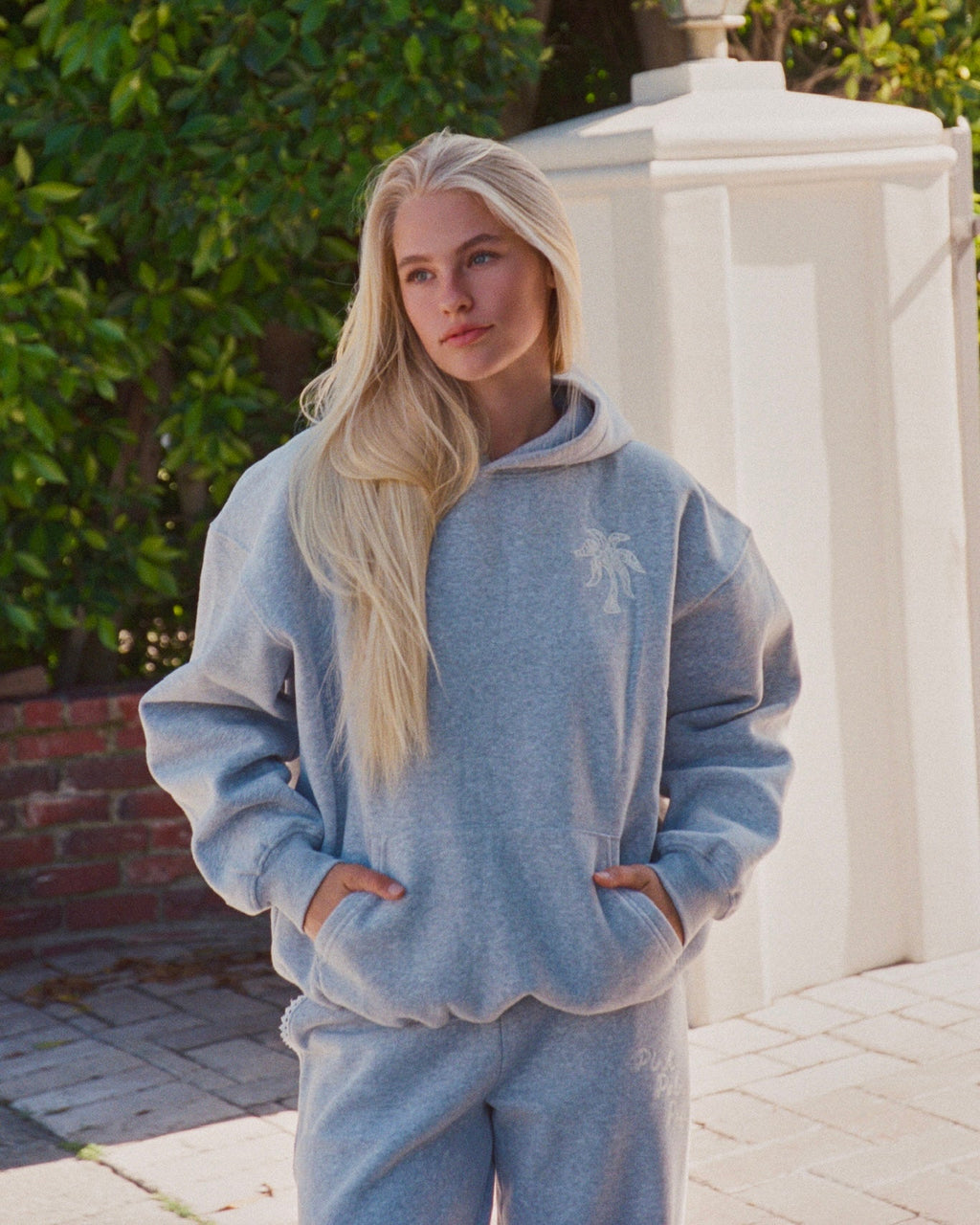 "Lacy" Hoodie, adjustable drawstring hood and pocket, in Sky Grey - coastal preppy aesthetic beach style by Pink Palm Puff
