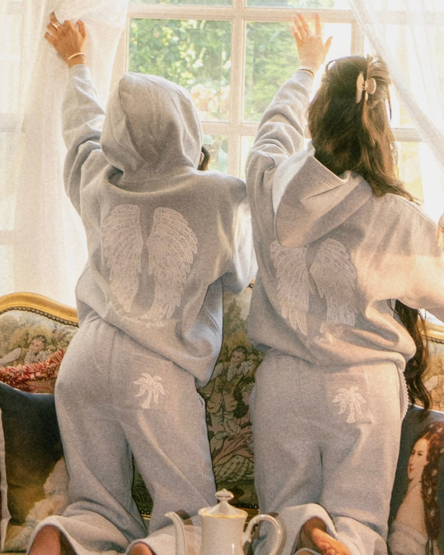 "Lacy" Hoodie, adjustable drawstring hood and pocket, in Sky Grey - coastal preppy aesthetic beach style by Pink Palm Puff