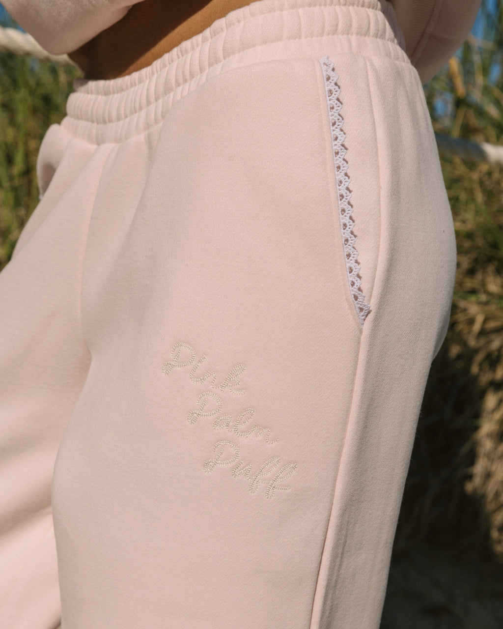 "Lacy" Wideleg Sweatpants, relaxed wide-leg fit with an elastic waistband, in Angel Pink - coastal preppy aesthetic beach style by Pink Palm Puff