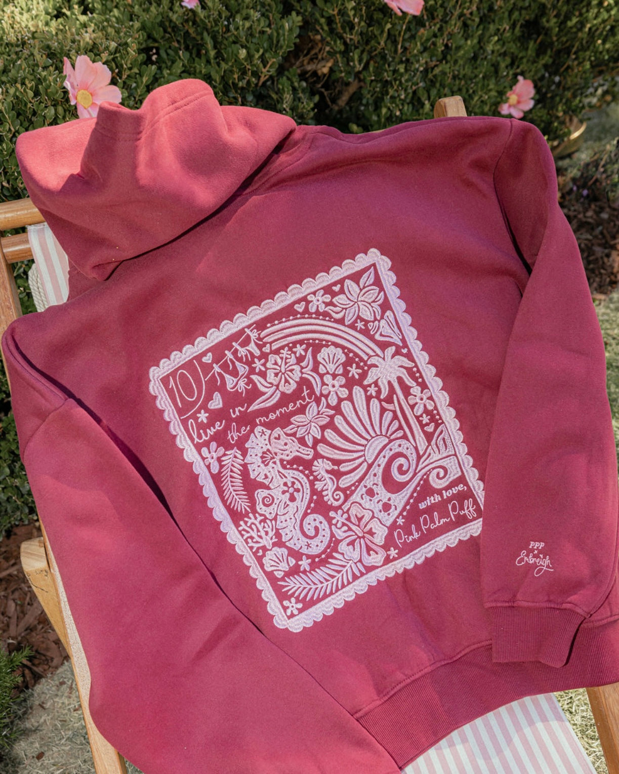 "Live in the Moment" Hoodie, adjustable drawstring hood and pocket, in Cherry - coastal preppy aesthetic beach style by Pink Palm Puff