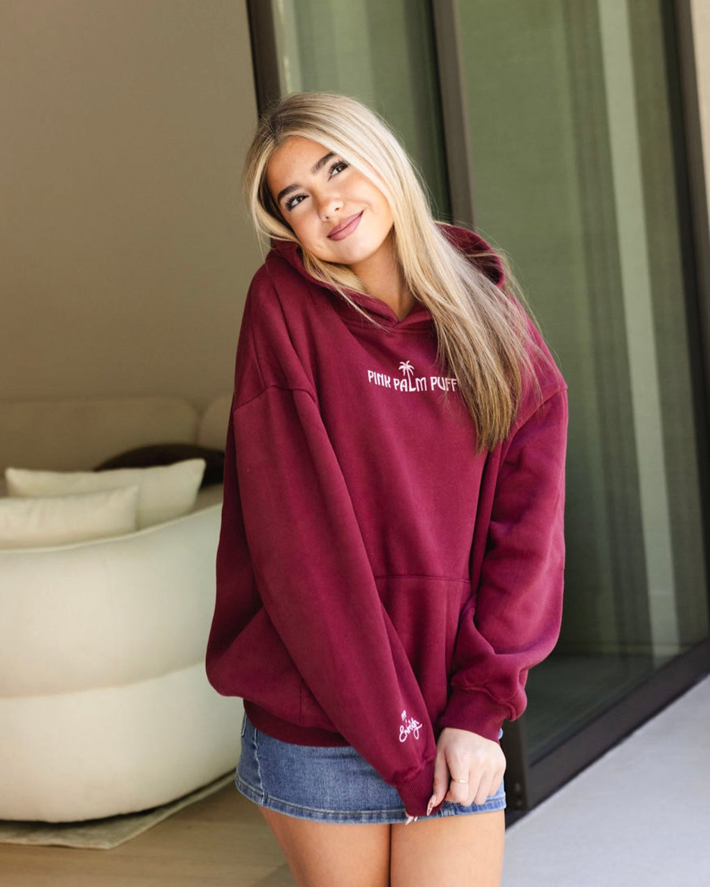 "Live in the Moment" Hoodie, adjustable drawstring hood and pocket, in Cherry - coastal preppy aesthetic beach style by Pink Palm Puff