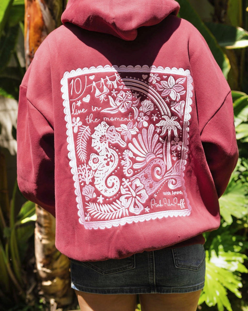 "Live in the Moment" Hoodie, adjustable drawstring hood and pocket, in Cherry - coastal preppy aesthetic beach style by Pink Palm Puff