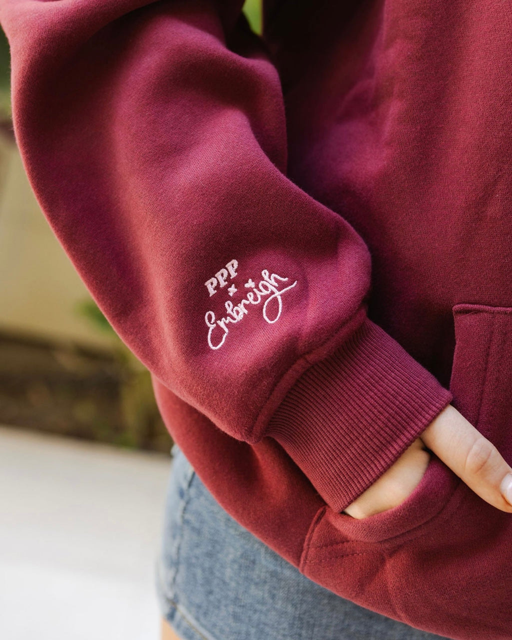 "Live in the Moment" Hoodie, adjustable drawstring hood and pocket, in Cherry - coastal preppy aesthetic beach style by Pink Palm Puff