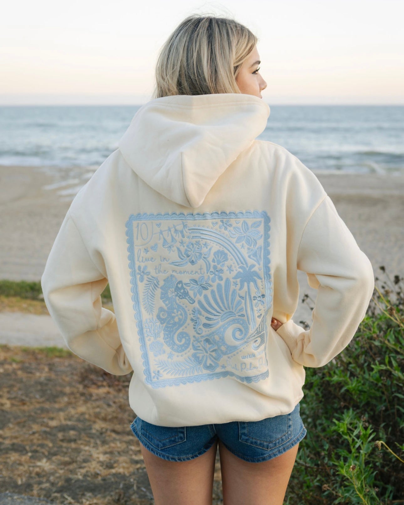 "Live in the Moment" Hoodie, adjustable drawstring hood and pocket, in Sand - coastal preppy aesthetic beach style by Pink Palm Puff