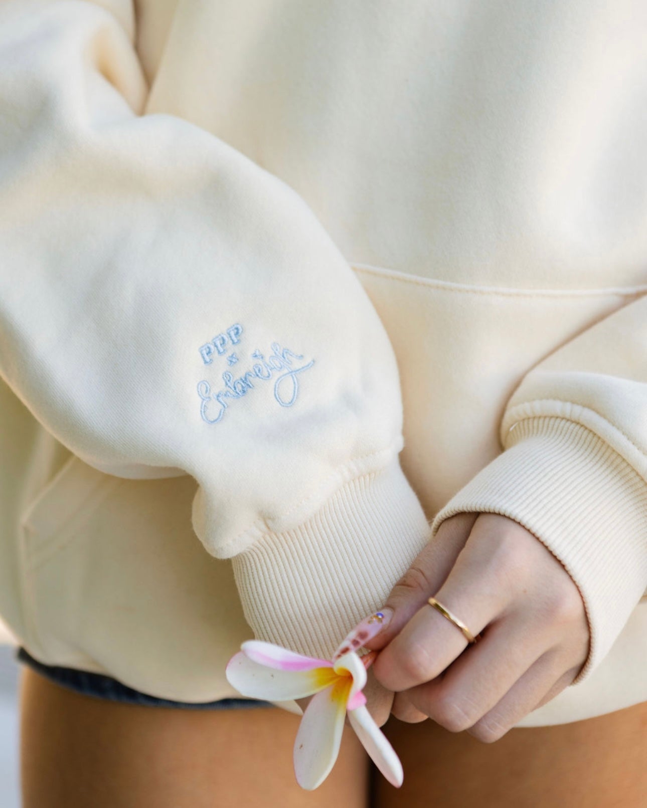 "Live in the Moment" Hoodie, adjustable drawstring hood and pocket, in Sand - coastal preppy aesthetic beach style by Pink Palm Puff