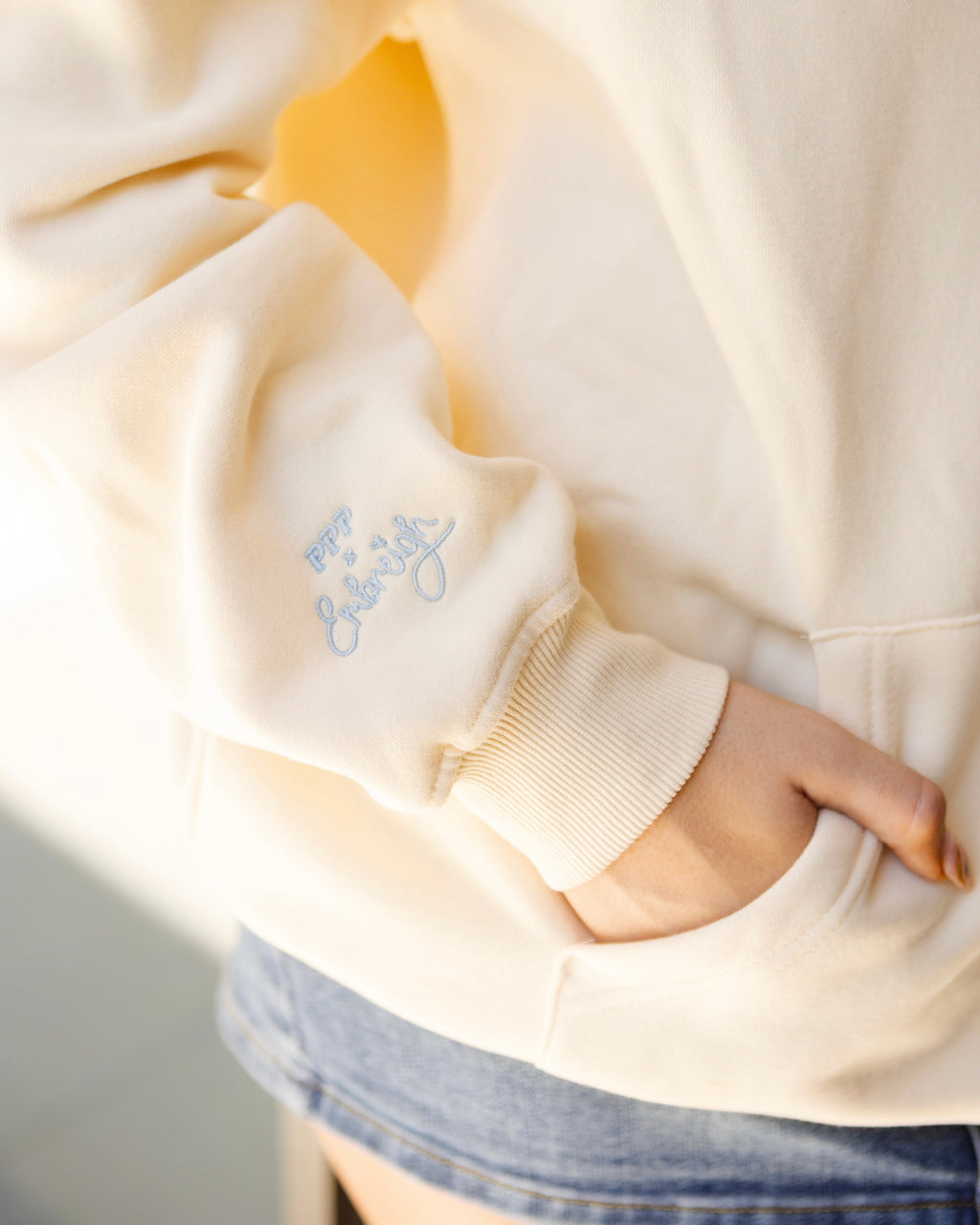 "Live in the Moment" Hoodie, adjustable drawstring hood and pocket, in Sand - coastal preppy aesthetic beach style by Pink Palm Puff