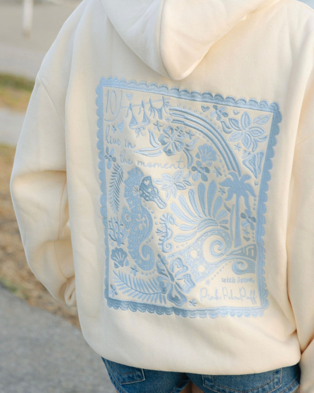 "Live in the Moment" Hoodie, adjustable drawstring hood and pocket, in Sand - coastal preppy aesthetic beach style by Pink Palm Puff