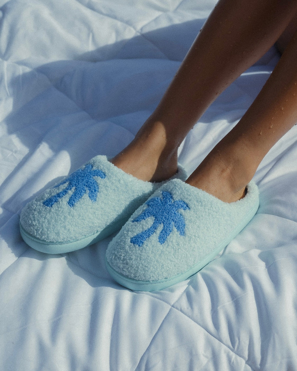 Malibu Slippers, cozy fleece lining, in Seabreeze - coastal preppy aesthetic beach style by Pink Palm Puff