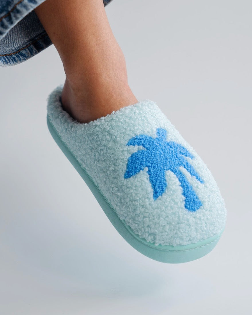 Malibu Slippers, cozy fleece lining, in Seabreeze - coastal preppy aesthetic beach style by Pink Palm Puff