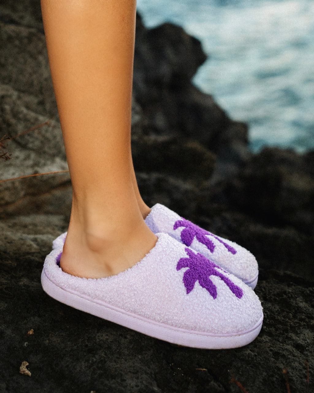 Malibu Slippers, cozy fleece lining, in Twilight - coastal preppy aesthetic beach style by Pink Palm Puff