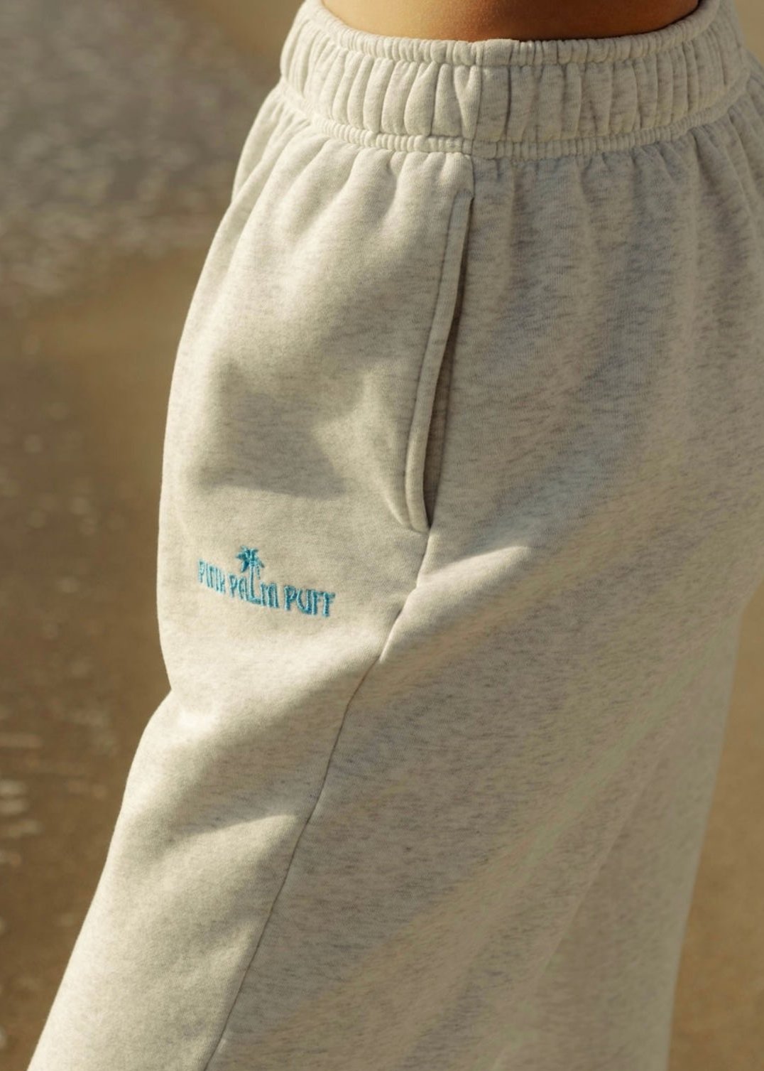 Puff Sweatpants, relaxed fit with an elastic waistband and side pockets, in Heather White - coastal preppy aesthetic beach style by Pink Palm Puff
