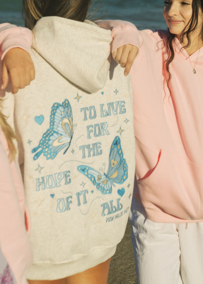 "To Live For the Hope of it All" Hoodie, adjustable drawstring hood and pocket, in Heather - coastal preppy aesthetic beach style by Pink Palm Puff