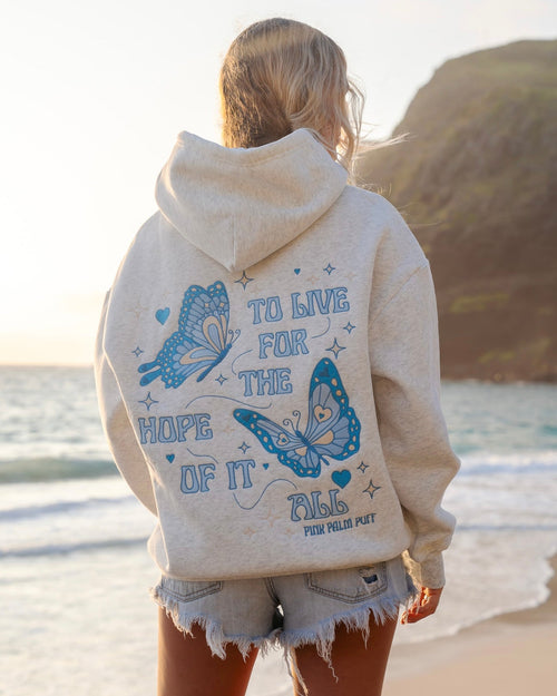 "To Live For the Hope of it All" Hoodie, adjustable drawstring hood and pocket, in Heather - coastal preppy aesthetic beach style by Pink Palm Puff