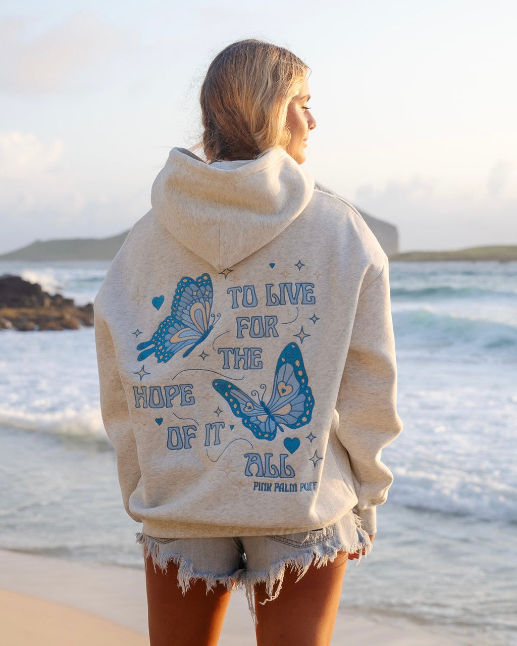 "To Live For the Hope of it All" Hoodie, adjustable drawstring hood and pocket, in Heather - coastal preppy aesthetic beach style by Pink Palm Puff