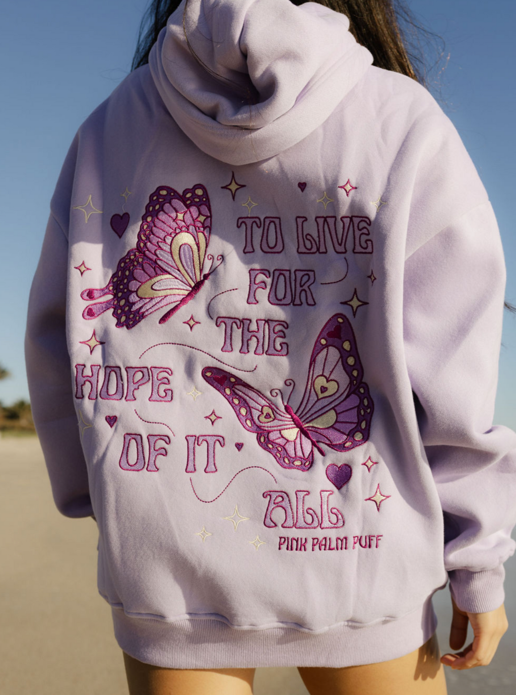 "To Live For the Hope of it All" Hoodie, adjustable drawstring hood and pocket, in Lilac - coastal preppy aesthetic beach style by Pink Palm Puff