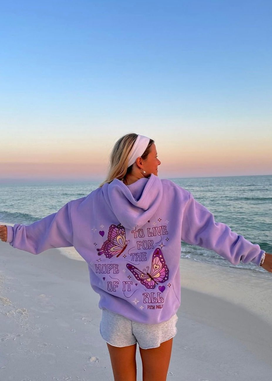 "To Live For the Hope of it All" Hoodie, adjustable drawstring hood and pocket, in Lilac - coastal preppy aesthetic beach style by Pink Palm Puff