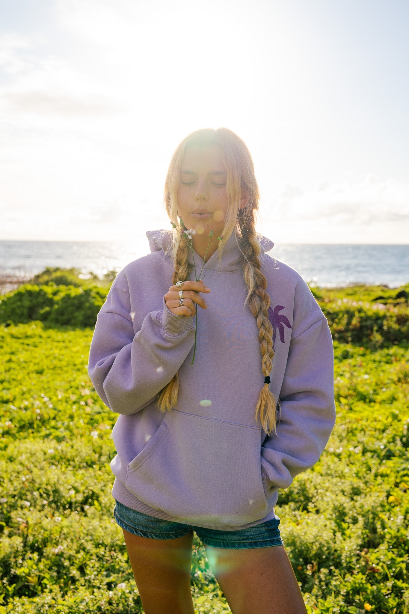 "To Live For the Hope of it All" Hoodie, adjustable drawstring hood and pocket, in Lilac - coastal preppy aesthetic beach style by Pink Palm Puff