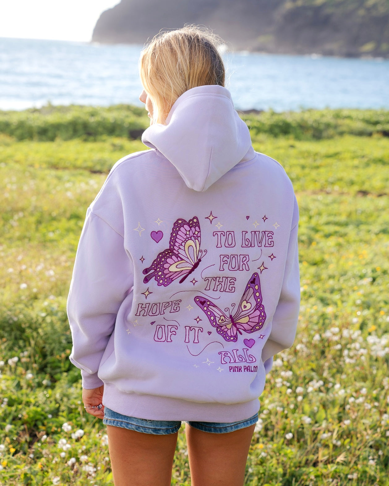"To Live For the Hope of it All" Hoodie, adjustable drawstring hood and pocket, in Lilac - coastal preppy aesthetic beach style by Pink Palm Puff