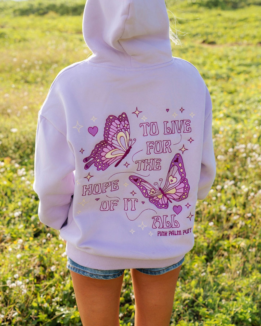 "To Live For the Hope of it All" Hoodie, adjustable drawstring hood and pocket, in Lilac - coastal preppy aesthetic beach style by Pink Palm Puff