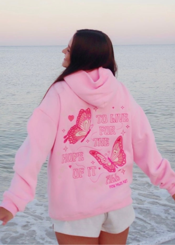 "To Live For the Hope of it All" Hoodie, adjustable drawstring hood and pocket, in Pink - coastal preppy aesthetic beach style by Pink Palm Puff
