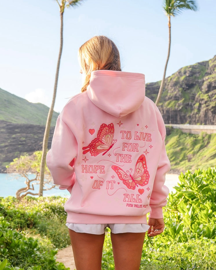 "To Live For the Hope of it All" Hoodie, adjustable drawstring hood and pocket, in Pink - coastal preppy aesthetic beach style by Pink Palm Puff